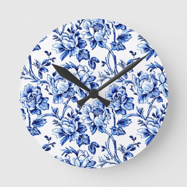 Horloge Ronde Magnolias bleu et blanc Toile de Jouy (Recto)