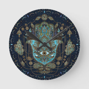 Horloge Ronde Main de Hamsa - Main de Fatima Pierres Bleues