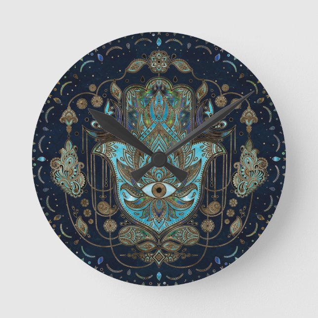 Horloge Ronde Main de Hamsa - Main de Fatima Pierres Bleues (Recto)