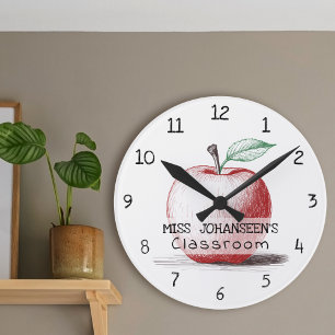 Horloge Ronde Main tiré mignon & amusant Pomme rouge enseignant 