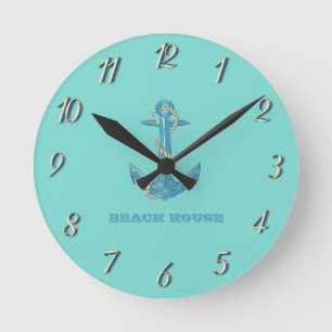 Horloge Ronde Maison de plage nautique,Ancre,Corde,Vert menthe 