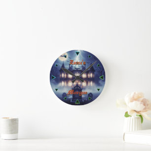 Horloge Ronde Maison d'Halloween avec Frankie, bleu foncé