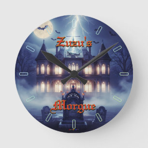 Horloge Ronde Maison d'Halloween avec Frankie, bleu foncé