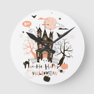 Horloge Ronde Maison hantée "Ha Ha Happy Halloween"