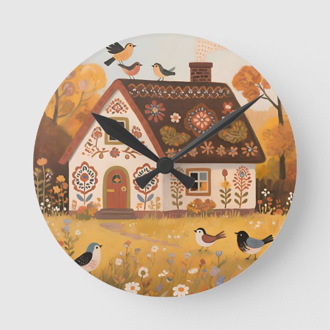Horloge Ronde Maisonnette d'art populaire Oiseaux Automne (Recto)