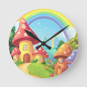 Horloge Ronde Maisons de champignons et arc-en-ciel