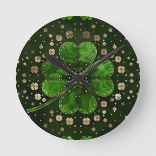 Horloge Ronde Malachite et or du trèfle à quatre feuilles Sham