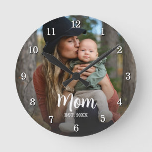 Horloge Ronde Maman Fondée Script Typographie Photo Année Est