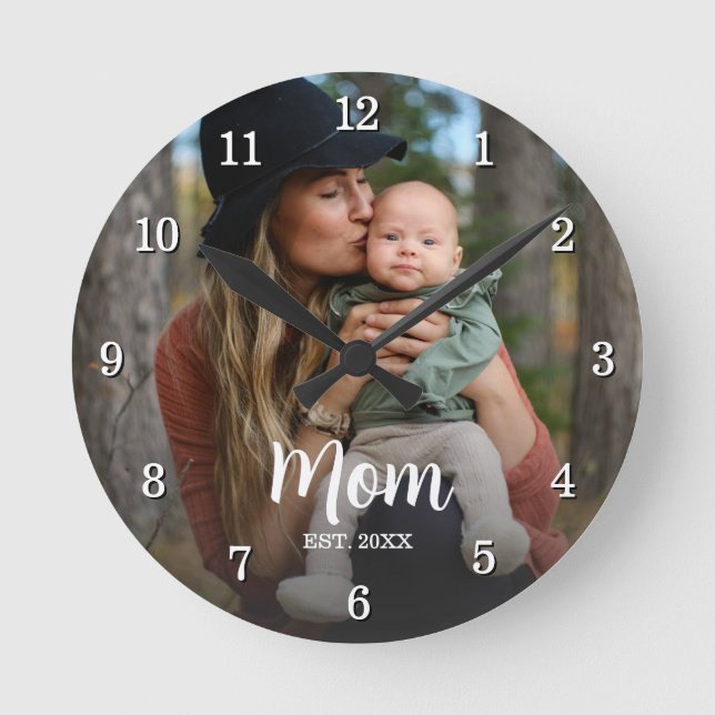 Horloge Ronde Maman Fondée Script Typographie Photo Année Est  (Recto)