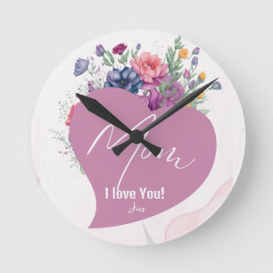 Horloge Ronde Maman Je t'aime Fleur sauvage Coeur Fête des mères