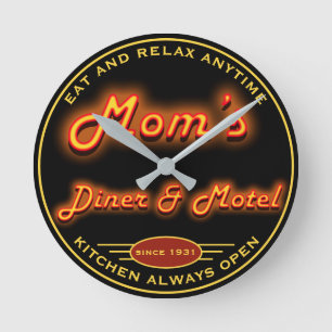 Horloge Ronde Maman's Diner & Motel Fun Faux Neon Any Slogan -