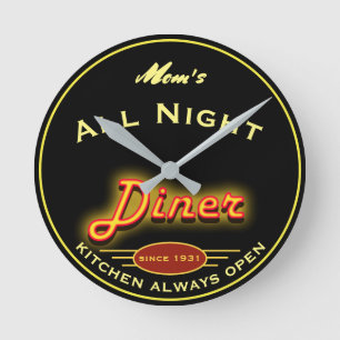 Horloge Ronde Maman's or Any Name Fun All Night Faux Neon Diner 