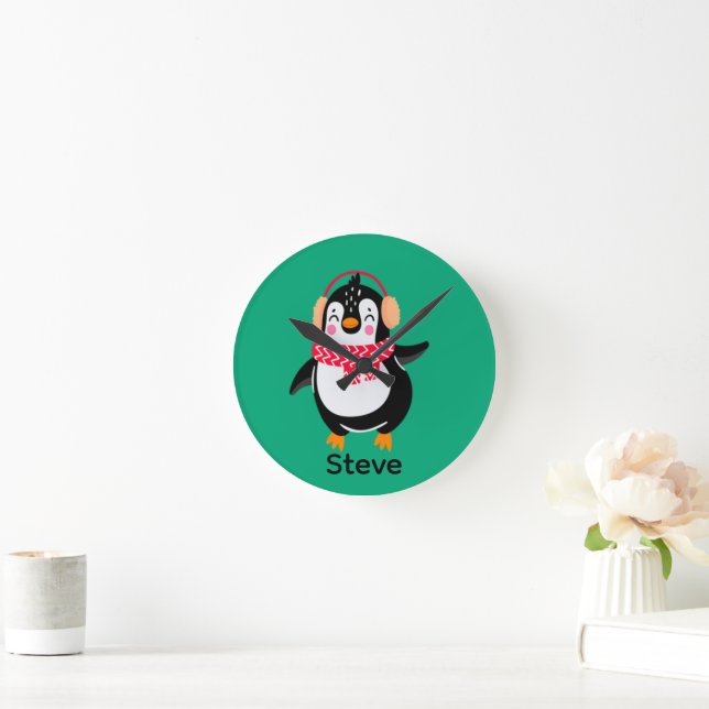 Horloge Ronde Manchot joyeux de Noël avec écharpe et cache-oreil (Maison)