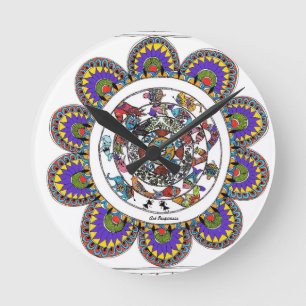 Horloge Ronde Mandal floral dans le style de Madhubani