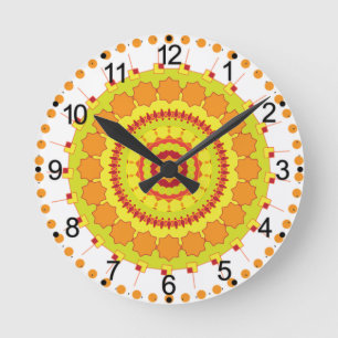 Horloge Ronde Mandala Art Jaune Orange Design
