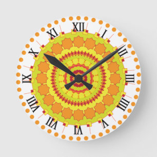 Horloge Ronde Mandala Art Yellow Orange Color Design