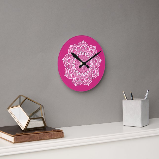 Horloge Ronde Mandala blanc sur fond rose (Bureau)
