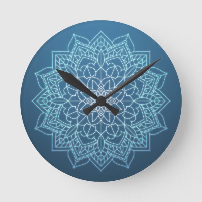 Horloge Ronde Mandala bleu clair et foncé (Recto)
