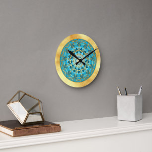 Horloge Ronde Mandala bleu or sur fond or doux