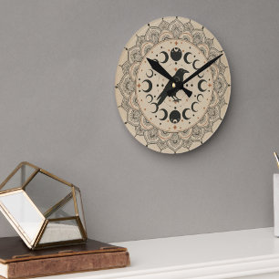 Horloge Ronde Mandala d'Art Céleste de Phase de Lune du Corbeau 