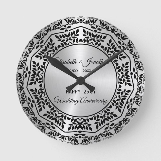 Horloge Ronde Mandala de feuilles noires 25e anniversaire (Recto)