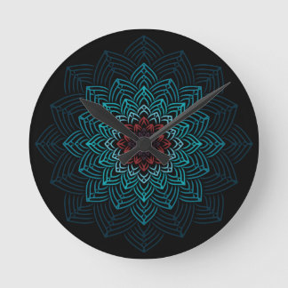 Horloge Ronde Mandala Fleur Aqua et Rouge