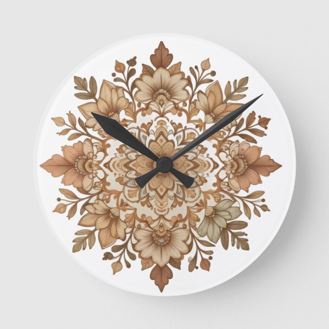 Horloge Ronde Mandala floral complexe aux tons bruns Art (Recto)