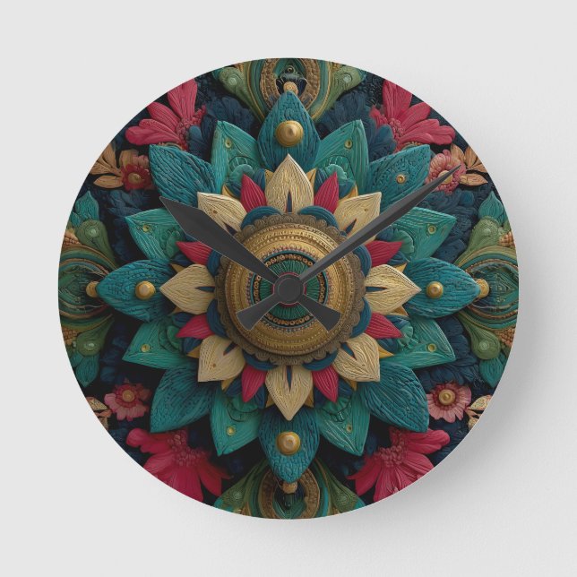 Horloge Ronde Mandala floral texturé complexe en sarcelle et or (Recto)