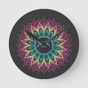 Horloge Ronde Mandala fractal psychédélique 2026 avec néon