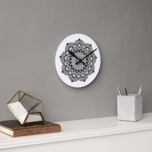 Horloge Ronde Mandala noir sur fond blanc