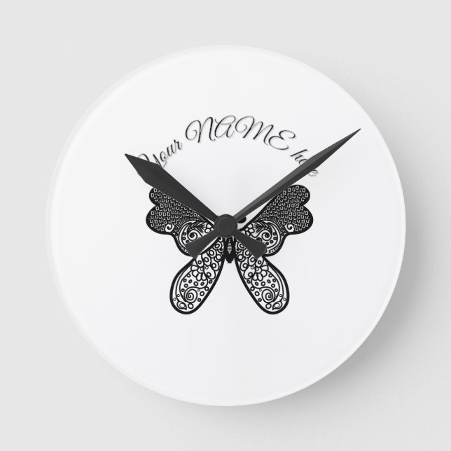 Horloge Ronde Mandala papillon boho complexe noir et blanc A (Recto)