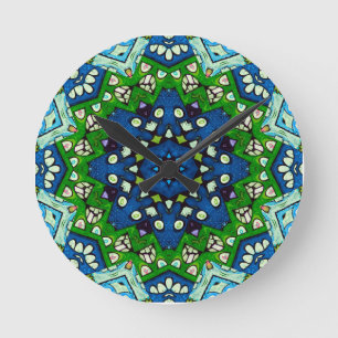 Horloge Ronde Mandala Retro Mosaic Vert Motif bleu