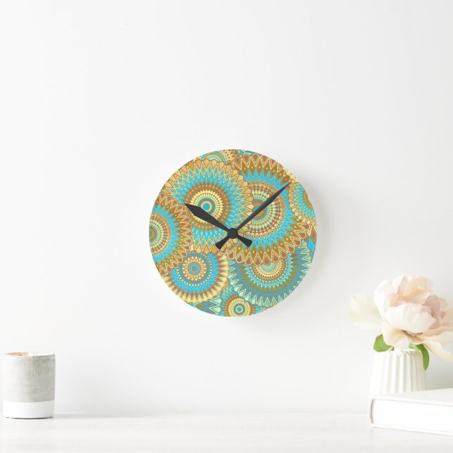 Horloge Ronde Mandala superposé bleu marron or (Maison)
