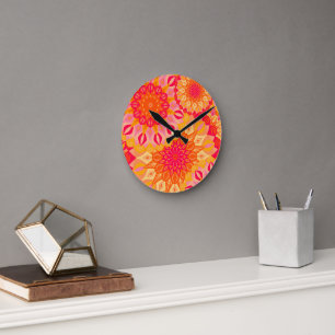 Horloge Ronde Mandala superposé orange rose jaune
