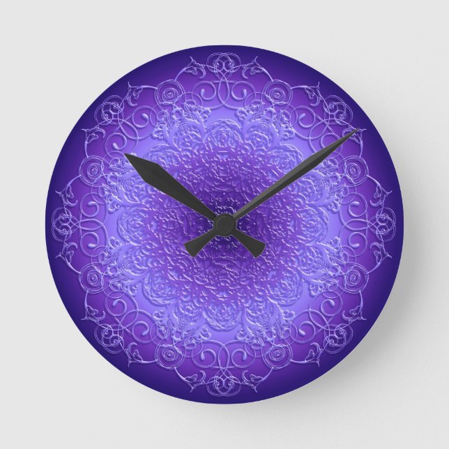 Horloge Ronde Mandala violet floral ethnique de gradient (Recto)