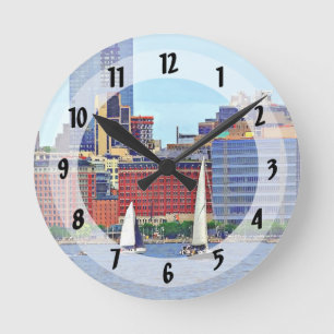 Horloge Ronde Manhattan NY - Trois Bateaux De Manhattan Skyline