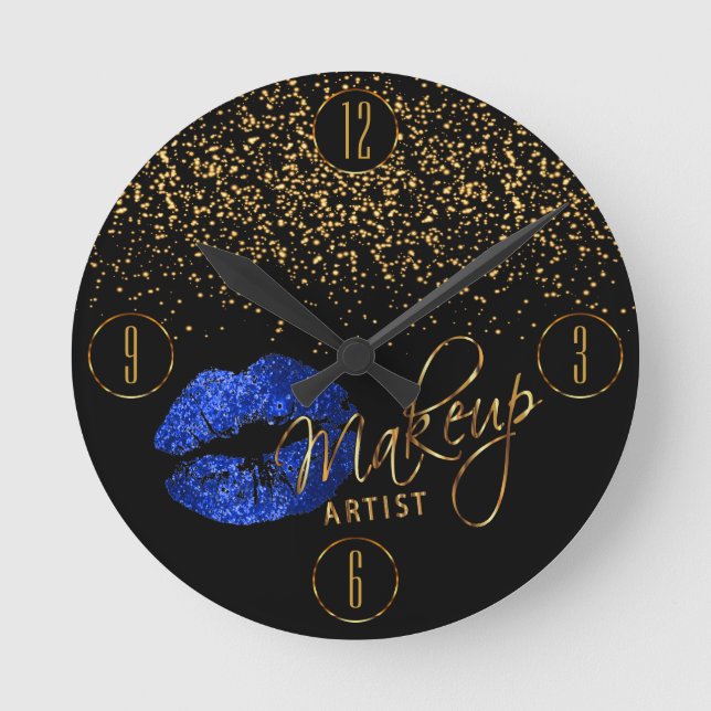 Horloge Ronde Maquillage Artiste Lèvres Bleues et Confetti Or (Recto)