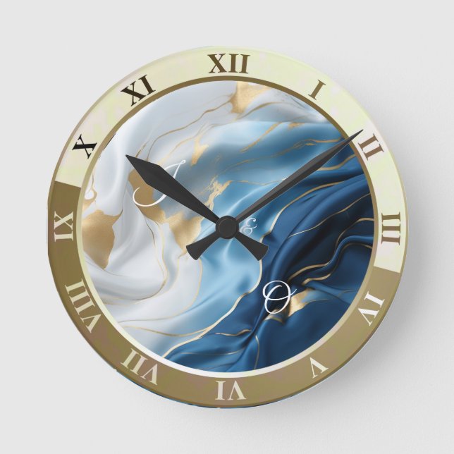Horloge Ronde Marbre blanc bleu avec look soie or (Recto)