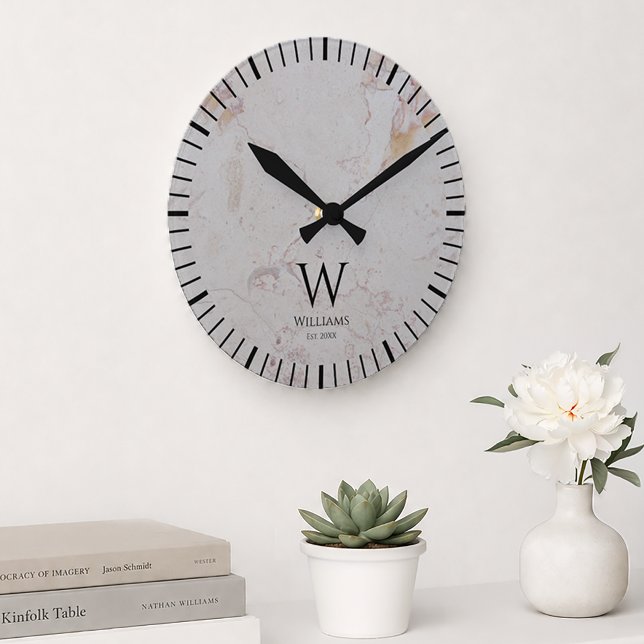 Horloge Ronde Marbre Blanc Monogramme Initiale Noire & Nom Perso (Créateur téléchargé)