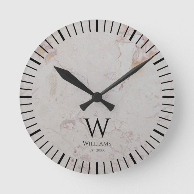Horloge Ronde Marbre Blanc Monogramme Initiale Noire & Nom Perso (Recto)