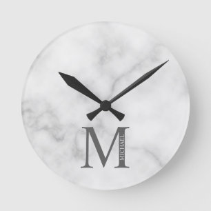 Horloge Ronde Marbre blanc Monogramme personnalisé et nom