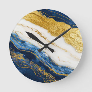 Horloge Ronde Marbre bleu marine de luxe et feuille d'or
