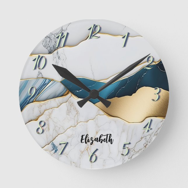Horloge Ronde Marbre de pierre de turquoise blanche Cool or (Recto)