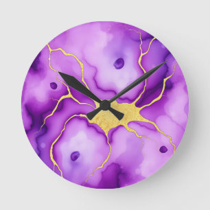 Horloge Ronde Marbre doré abstrait motif pourpre