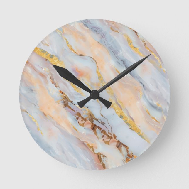 Horloge Ronde Marbre fluide dans des tons de gris, pêche et or (Recto)