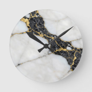 Horloge Ronde Marbre Luxe Noir Blanc Or