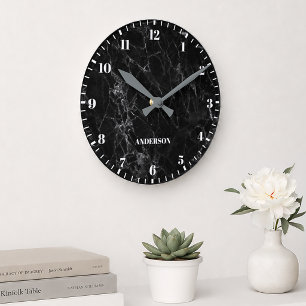 Horloge Ronde Marbre Noir Nom Personnalisé Nombres Classiques