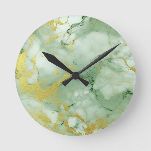 Horloge Ronde Marbre Or Vert Sage élégant (Recto)