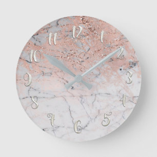 Horloge Ronde Marbre rose argent moderne glamour personnalisé