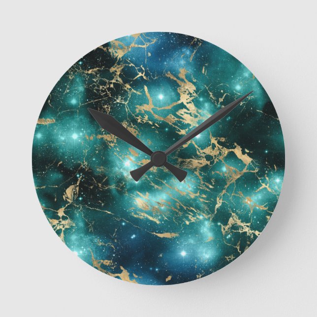 Horloge Ronde Marbre Spatial Noir Vert Nuit Étoilée Dorée (Recto)
